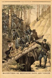 Gebirgsmanöver in den Vogesen eines Bataillons von Alpenjägern mit einer Anfrage für eine Schlitte, Schlitten für die Holzernte. Gravur in „Le petit journal“ 19/07/1896. Sammlung Selva.