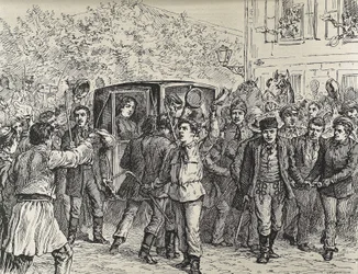 Natalia von Serbien (1859-1941). Prinzessin von Serbien von 1875 bis 1882 und dann Königin von Serbien von 1882 bis 1889, als Ehefrau von Milan I. von Serbien. Die Vertreibung von Königin Natalie aus Serbien: die Studenten retten die Königin vor den Gendar