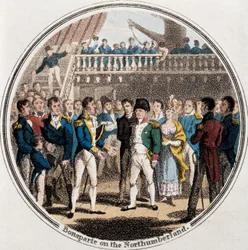 Napoleon Bonaparte und der englische Admiral George Cockburn auf der Northumberland, begleitet von Madame Bertrand