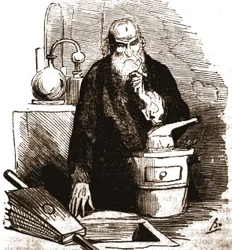 Nicolas Flamel (1330 - 1418) in seinem Labor.