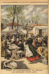 Anlässlich der Krönung von Zar Nikolaus II. wird auf dem Khodinskoie-Übungsfeld in Moskau ein Volksbankett für 500.000 Russen angeboten, dem Theateraufführungen vorausgehen. Gravur in „Le petit journal“ 17/05/1896. Sammlung Selva.