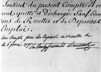 Anordnung der Zentralverwaltung des Departements Ain, Unterschrift des Herzogs von La Rochefoucauld Liancourt - Rochefoucauld Familienarchiv