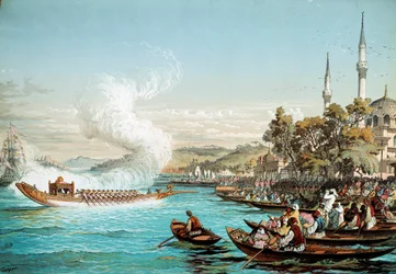 Osmanisches Reich: Seefest in Konstantinopel. Lithographie des 19. Jahrhunderts. Bibliothek der dekorativen Künste, Paris