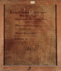 Rückseite eines Gemäldes mit Porträt von Mozart im Alter von 21 Jahren