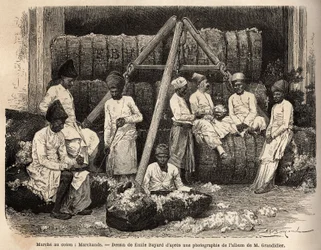 Parsi-Händler und Kaufleute auf dem Baumwollmarkt von Bombay. Gravur zur Illustration der Reise in die südlichen Provinzen Indiens, von Alfred Grandidier, 1862-1864, veröffentlicht in „Le tour du monde“ 1869, herausgegeben von Edouard Charton, Hachette, Pa