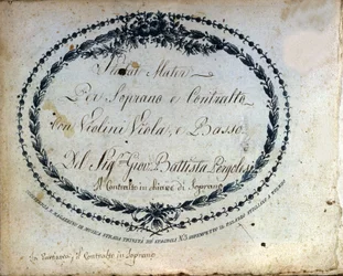 Partitur des „Stabat Mater“ von Jean Baptiste Pergolese (Giovanni Battista Pergolesi, Jean-Baptiste) 1710-1736. „Stabat Mater per soprano econtralto con violini, Viola et basso“