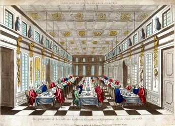 Perspektivische Ansicht des Festsaals von Versailles zur Feier des Friedens im Jahr 1763 zwischen Großbritannien, Frankreich und Spanien.