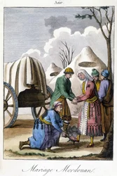 Tafel von 1811, die eine Hochzeit in Mordwinien darstellt
