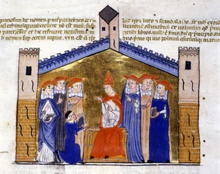 Papst Johannes XXII. von Avignon empfängt vom Autor den Apparat von Clemens V. 15. Jahrhundert Manuskript. Bibl. Nazionale Braidense, Mailand.