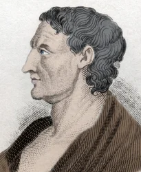 Porträt des als Stagiriten bekannten Aristoteles, auf Griechisch Aristoteles, griechischer Philosoph (384 v. Chr. bis 322 v. Chr.). Stich aus dem 19. Jahrhundert.