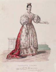 Porträt von Caroline Ungher (Unger), die in I Normanni a Parigi auftritt (Gravur)