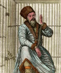 Porträt von Emelian Ivanovich Pugachev (Jemeljan oder Emilian Pugachev) (1742-1775), Kosakenführer während des russischen Bauernkrieges von 1773-1775 (Jacquerie der Jaik-Kosaken), in seinem Käfig eingesperrt und zeigt dem Volk