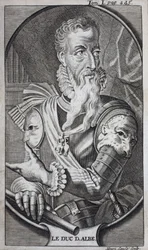 Porträt von Ferdinand Alvarez de Toledo (1507-1582) Dritter Herzog von Alba, Grand von Spanien, Herzog von Huescar, Marquis von Coria, Graf von Salvatierra, Vizekönig von Neapel und Gouverneur der Niederlande. Gravur zur Illustration der „Geschichte der...