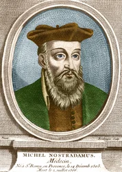 Porträt von Michel Nostradamus, Arzt, geboren in Saint-Remy-de-Provence am 14.12.1503 und gestorben am 02.07.1566. Gravur des 19. Jahrhunderts