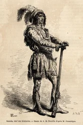 Porträt von Osceola (1804-1838), Anführer der Seminolen, an der Spitze des indianischen Widerstands gegen die Vereinigten Staaten während des Florida-Krieges (1835-1842). Gravur zur Illustration der Geschichte vier Monate in Florida, von Achille Pousselgue