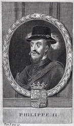 Porträt von Philipp II. von Spanien (Felipe) (1527-1598), König von Spanien und Portugal. Gravur zur Illustration der 