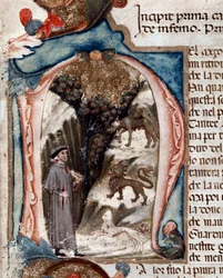 Porträt des italienischen Dichters Dante Alighieri mit Bestien - Miniatur