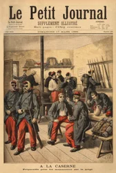 Vorbereitung auf Manöver im Schnee, anstatt Brillen mit Rauchgläsern zu tragen, sind die Soldaten von schwarzem Ruß umgeben. Gravur in „Le petit journal“ 17/03/1895. Sammlung Selva.