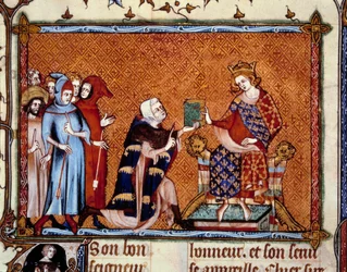 Buchvorstellung: Jean de Joinville (1224-1317) überreicht sein Buch an Louis, König von Navarra, den zukünftigen Ludwig X. (Miniatur in „Leben des heiligen Ludwig“)