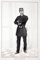 Hauptinspektor (1894). Farbradierung zur Illustration „Histoire du corps des gardiens de la paix“, Buch veröffentlicht unter der Schirmherrschaft von Louis Lepine (1846-1933), Polizeipräfekt der Seine, von Alfred Rey (1864-?) und Louis Feron (1862-?).