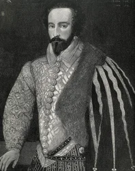 Raleigh, Sir Walter (1554-1618). Englischer Seefahrer, Entdecker und Makler. Porträt von Sir Walter Raleigh. Graviert 1891, ausgeführt nach einem anonymen Original, das in der National Portrait Gallery von London aufbewahrt wird.