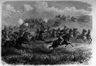 Rothäutige Reiter greifen eine Postkutsche in der Prärie an. Gravur in „Le journal de la jeunesse“