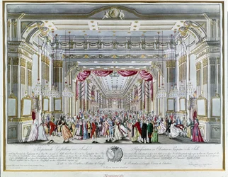 Darstellung von „La Clemenza di Tito“ (Die Milde des Titus) von Wolfgang Amadeus Mozart (1756-1791) beim Krönungsfest von Kaiser Leopold II. von Österreich (1747-1792) als König von Böhmen 1791 im Theater der Königlichen Straße von Prag. Prager Museum