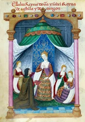 Darstellung von Königin Isabella von Portugal, umgeben von ihren Gefährtinnen und Pedro Marcuello, der ihr sein Buch überreicht. Manuskriptseite aus der 