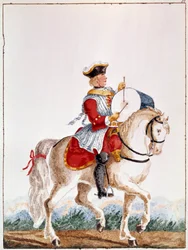 Darstellung eines französischen Musketiers aus der Zeit von Louis XV