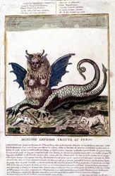 Darstellung eines Monsters, das in einem See in Peru gefunden wurde: es hat ein menschliches Gesicht, Hörner, Drachenflügel, eine Löwenmähne, einen Reptilienkörper, eine Frauenbrust. Beliebter Druck aus dem 18. Jahrhundert