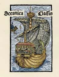 Darstellung der Karavelle Santa Maria von Christoph Kolumbus (1451-1506). Gravur aus „De insulis in mare Indico super inventis“, Basel 1493-1494 (lateinische Übersetzung von Kolumbus