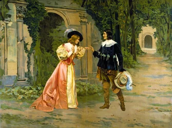 Darstellung des Ringtausches zwischen Edgar und Lucia im ersten Akt der Oper "Lucie de Lammermoor" (Lucia di Lammermoor) von Gaetano Donizetti.