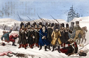Rückzug der französischen Armee aus Moskau im Jahr 1812 (Stich aus dem 19. Jahrhundert)