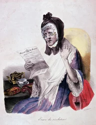 Revolution 1830: „Encore des révolutions“ ruft eine alte Frau, die die Gazette de France liest - Gravur