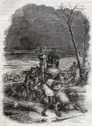 Roland massakriert die Leute von Cymosque (Gravur von 1851 aus „Furioser Roland“)