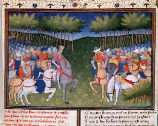 Roman von Ogier dem Dänen: der Kampf zwischen zwei Miniaturreitern aus „Chronik von Bertrand du Guesclin“ (Ms 490) 1405 Musée Condé, Chantilly