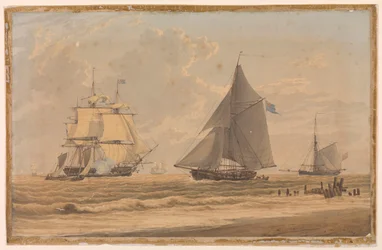 Segelschiff der Royal Navy an der Küste, frühes 19. Jahrhundert