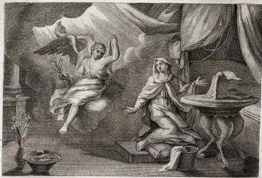 Royaumont-Bibel, Neues Testament: Verkündigung an die Jungfrau. Erzengel Gabriel ist gekommen, um Maria eine Botschaft zu überbringen. Illustration von 1811.