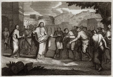 Royaumont-Bibel, Neues Testament: Die zehn Aussätzigen. Jesus Christus heilt zehn Aussätzige. Illustration von 1811.
