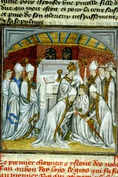 Krönung von Ludwig VI. (1108) - Illumination eines Manuskripts auf Pergament aus dem Mittelalter, „Große Chroniken von Saint-Denis“, Ende des 14. Jahrhunderts