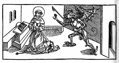 Der heilige Antonius der Große (oder der heilige Antonius der Einsiedler oder der heilige Antonius der Abt) von einem Dämon versucht. Gravur aus „Leben der Heiligen - Sommerteil“ (Das Buch der Heiligen) von Jacobus (James) von Voragine (1228-1298). Lübeck 