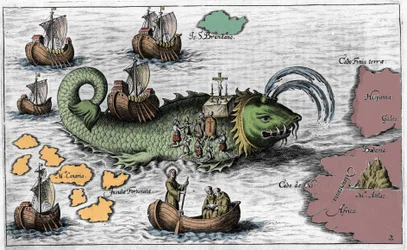 Der heilige Brendan, Held und irischer Heiliger des 6. Jahrhunderts, feiert die Messe auf dem Rücken des Riesenwals Jasconius. Legende besagt, dass sein Boot auf dem Rücken eines Wals getragen wurde. Farbige Gravur 17. Jahrhundert