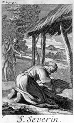 Heiliger Severin, Evangelisierer von Noricum (heutiges Österreich), beim Lesen. Gravur aus dem 17. Jahrhundert.