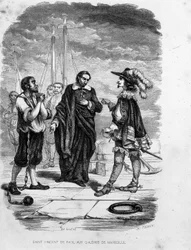 Der heilige Vinzenz von Paul bittet für einen Sträfling bei einem Offizier der Galeeren von Marseille - in „Les Bagnes: histoire, types, mores, mystère“ von Maurice Alhoy, Hrsg. Gustave Havard