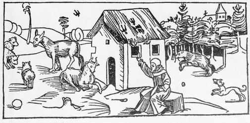 San Marinus. Gravur aus „Leben der Heiligen - Sommerteil“ (Das Buch der Heiligen) von Jacobus (Jakob) von Voragine (1228-1298). Lübeck 1488.