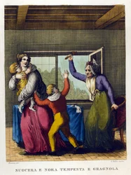 Sprichwörter: „Schöne Mutter und Tochter, Sturm und Hagel“. Illustration aus einer Sammlung von Sprichwörtern des 18. Jahrhunderts