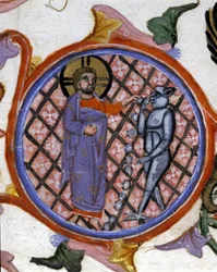 Exorzismusszene. Miniatur aus dem 14. Jahrhundert. Biblioteca Nazionale Braidense, Mailand.