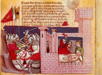 Szene der Schlacht von Roncesvalles im Jahr 778. Schlacht zwischen der Armee Karls des Großen und den Sarazenen, bei der der Ritter Roland getötet wurde. Er ist rechts dargestellt. Miniatur aus dem Kodex „Die Entrée d