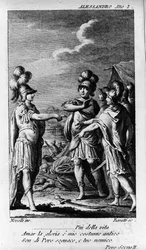 Szene des ersten Akts von „Alessandro nelle Indie“, Oper des Komponisten Niccolò Vito Piccinni (1728-1800) (1758) nach einem Libretto von Pietro Metastasio. Kupferstich aus dem späten 18. Jahrhundert