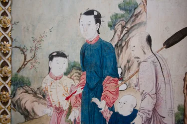 Szenen des Alltagslebens in China, Detail der chinesischen Tapete, chinesisches Kabinett, Jagdresidenz, von Filippo Juvarra (1678-1736), Stupinigi, Piemont, Italien